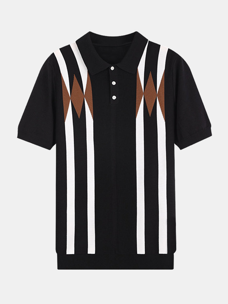Stripe Geometric Jacquard Knitted Polo Shirt