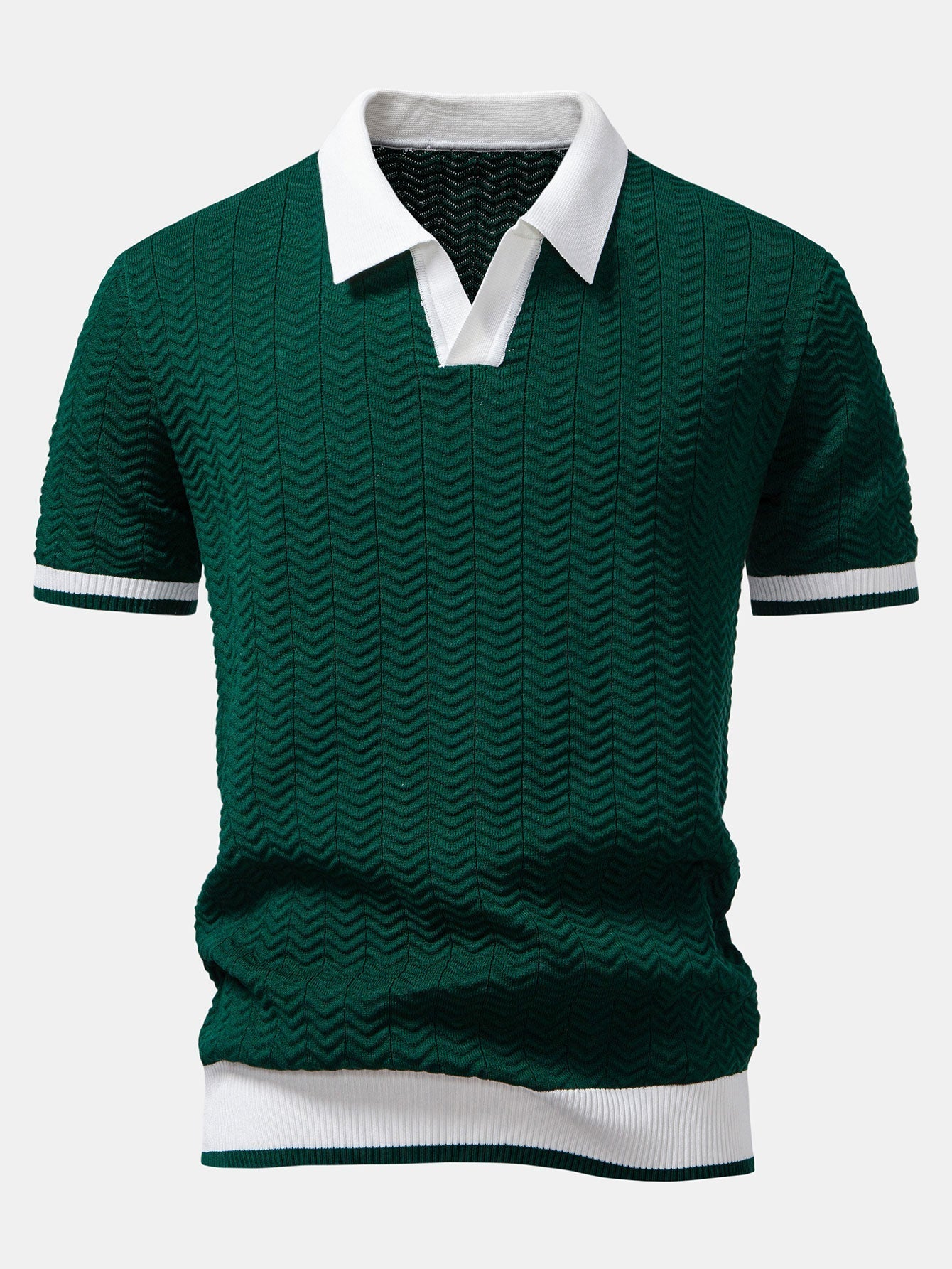 Texture Contrast Knitted V Neck Polo Shirt & Slim Fit Tapered Trousers