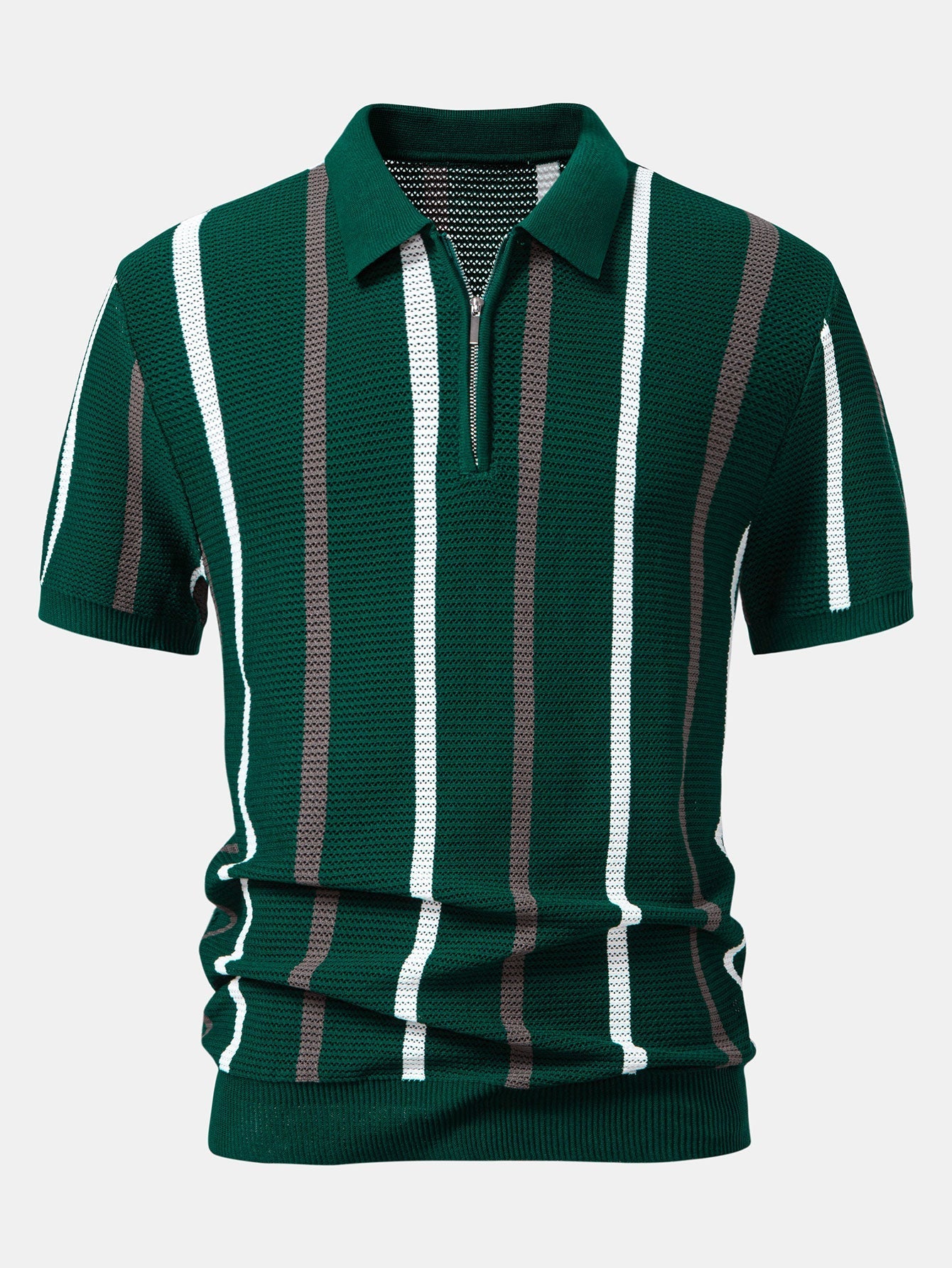 Striped Knit Zip Up Polo Shirt
