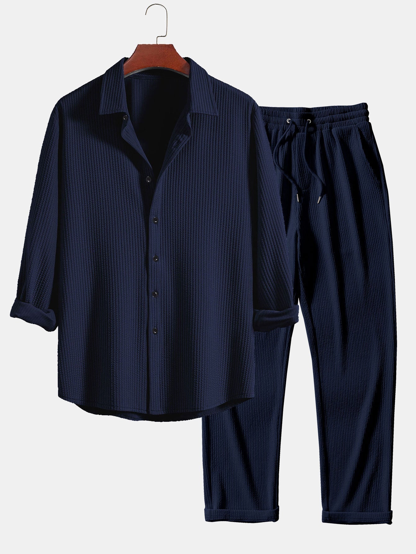 Long Sleeve Muscle Fit Ribbed Button Up Shirt & Straight Leg Ribbed Pants