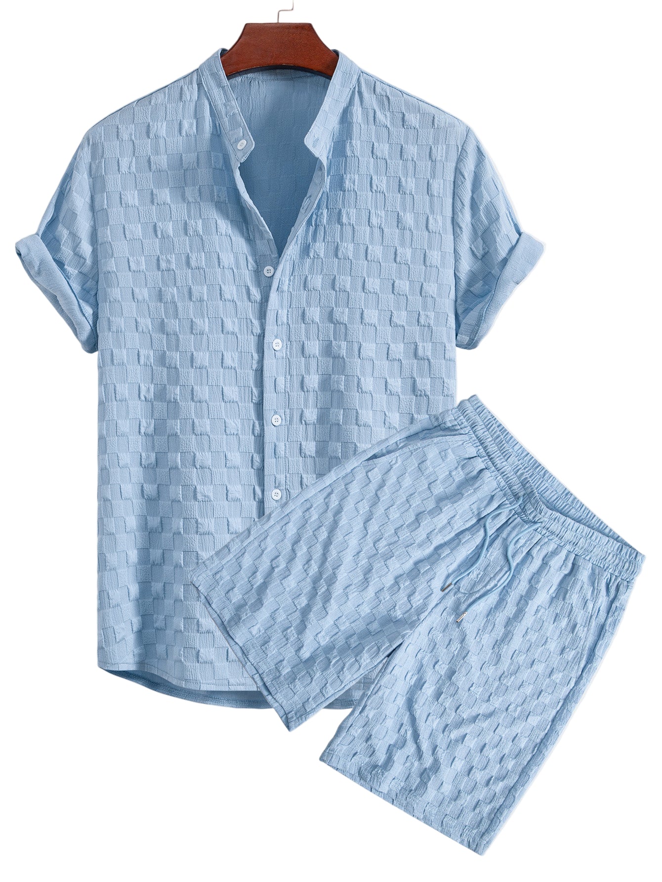 Checkerboard Jacquard Stand Collar Shirt & Checkerboard Jacquard Shorts