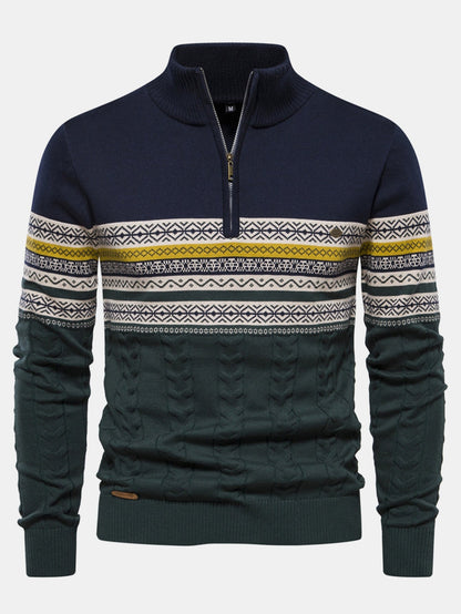 Contrast Geometric Jacquard Quarter-Zip Sweater