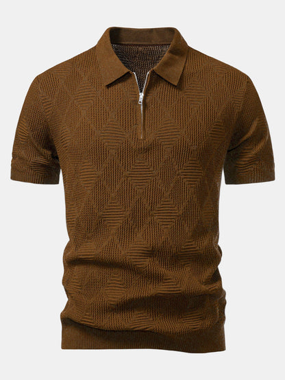 Rhombus Textured Zip Up Knitted Polo Shirt