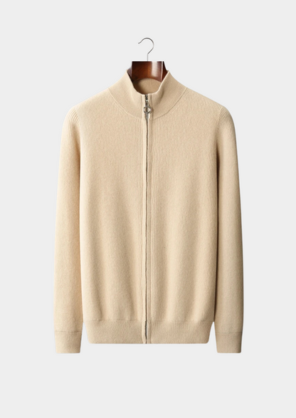 PURE EXTRA-FINE MERINO WOOL RIBBED ZIP CARDIGAN