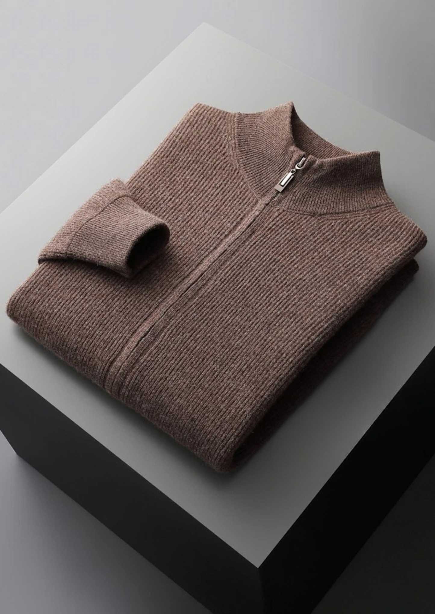 PURE EXTRA-FINE MERINO WOOL RIBBED ZIP CARDIGAN