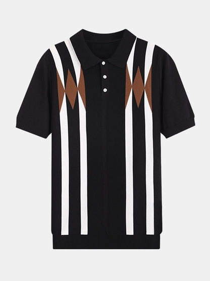 Stripe Geometric Jacquard Knitted Polo Shirt