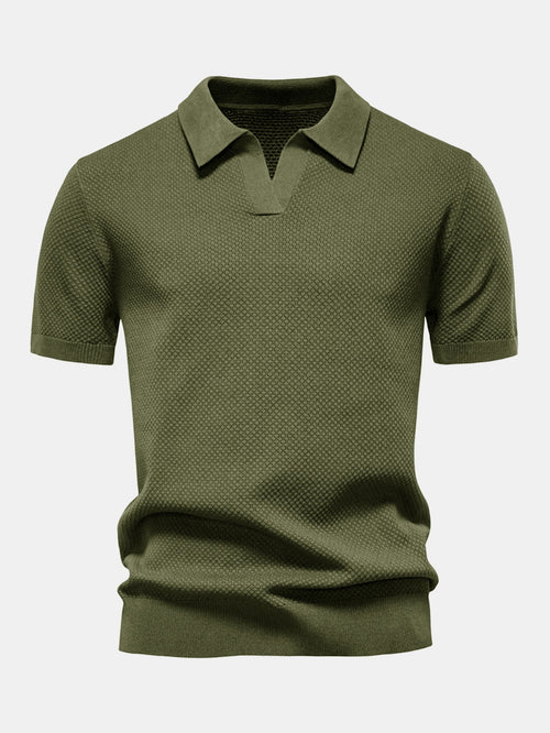 Pineapple Texture Knit V Neck Polo Shirt
