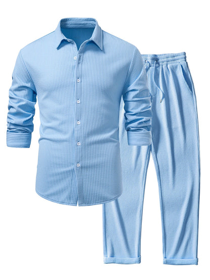 Long Sleeve Muscle Fit Ribbed Button Up Shirt & Straight Leg Ribbed Pants