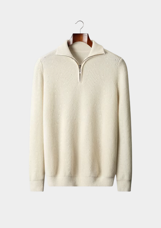 PURE EXTRA-FINE MERINO WOOL RIBBED HALF-ZIP