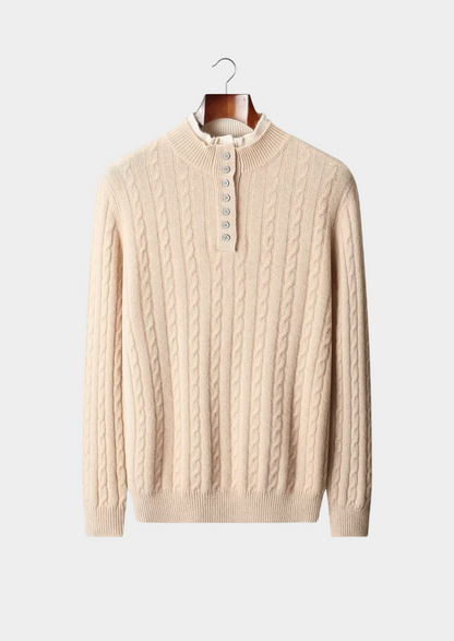 PURE EXTRA-FINE MERINO WOOL CABLE KNIT HENLEY SWEATER