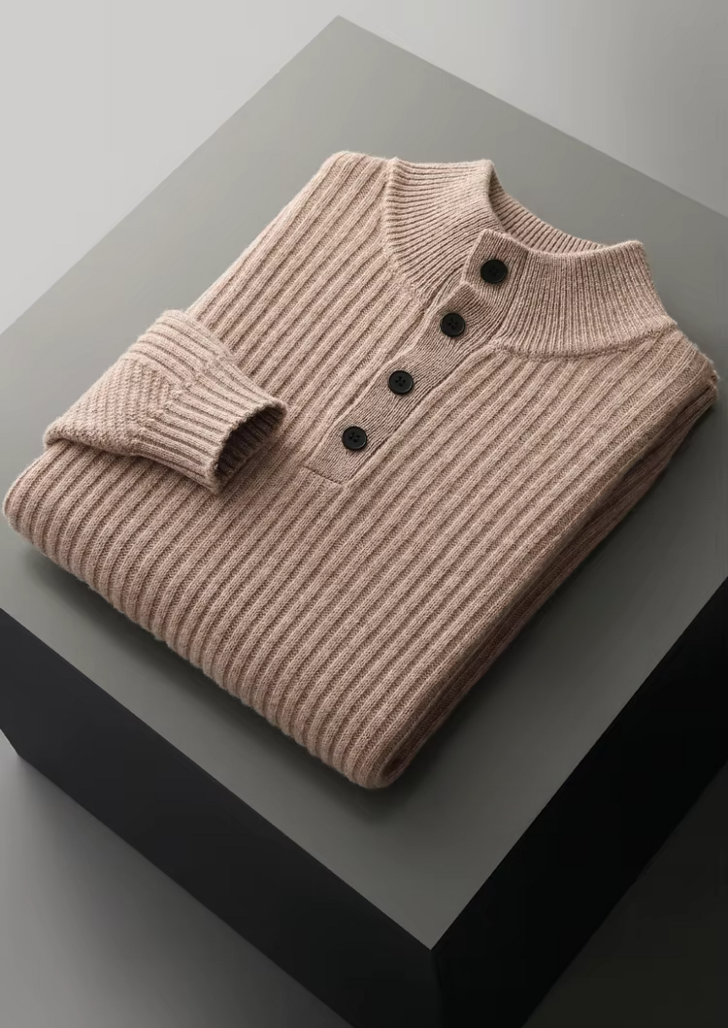 PURE EXTRA-FINE MERINO WOOL RIBBED HENLEY SWEATER