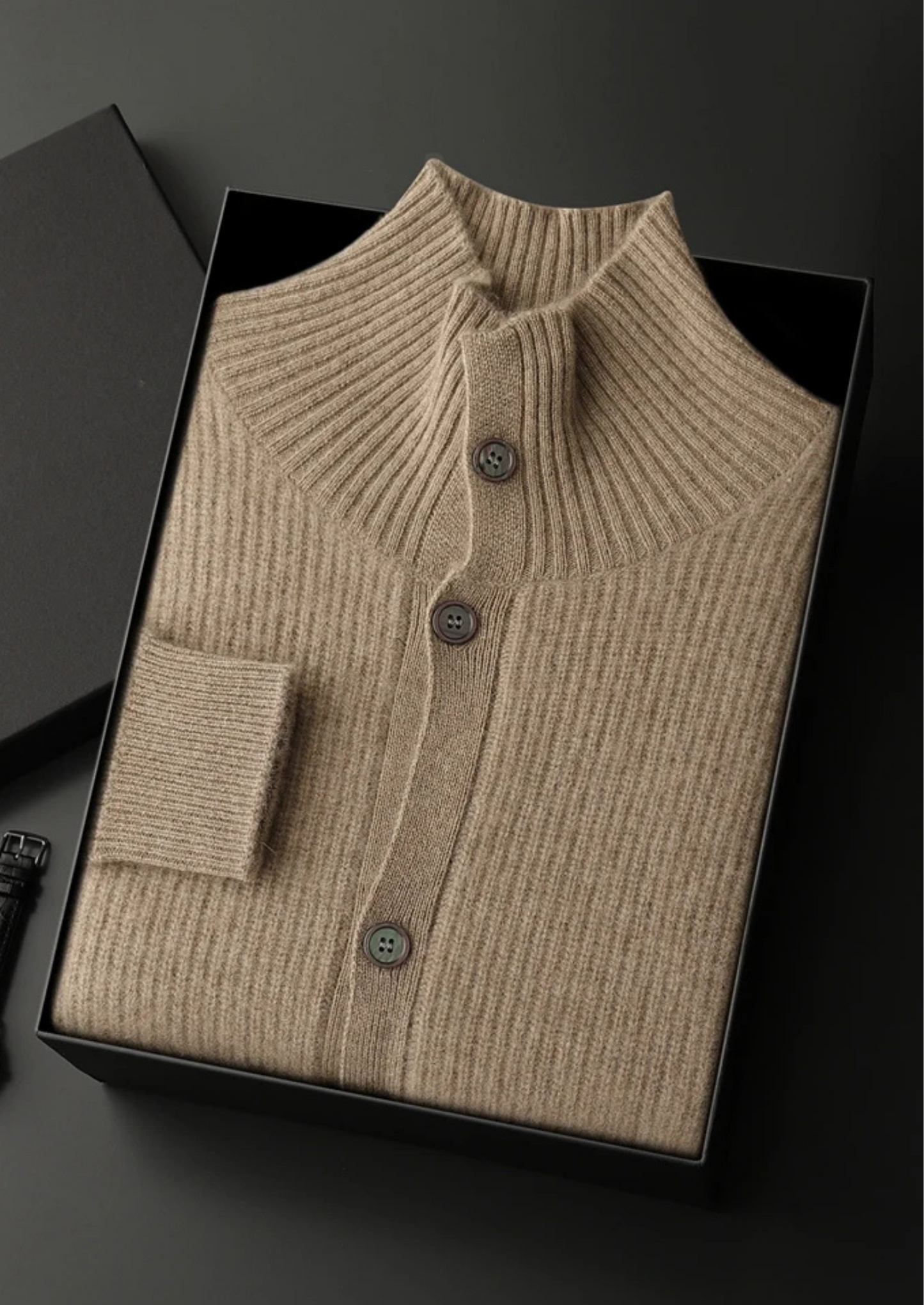 PREMIUM CASHMERE RIBBED HIGH COLLAR CARDIGAN