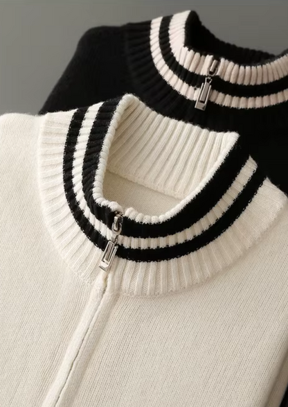 PURE EXTRA-FINE MERINO WOOL TWO TONE ZIP CARDIGAN