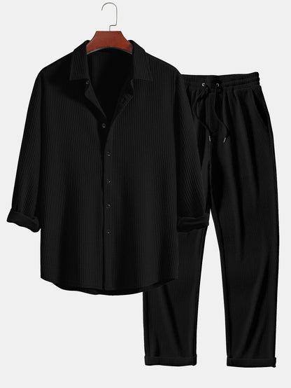 Long Sleeve Muscle Fit Ribbed Button Up Shirt & Straight Leg Ribbed Pants