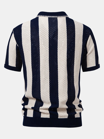 Striped Eyelet Knit Zip Up Polo Shirt