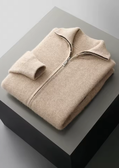 PURE EXTRA-FINE MERINO WOOL RIBBED ZIPPER CARDIGAN