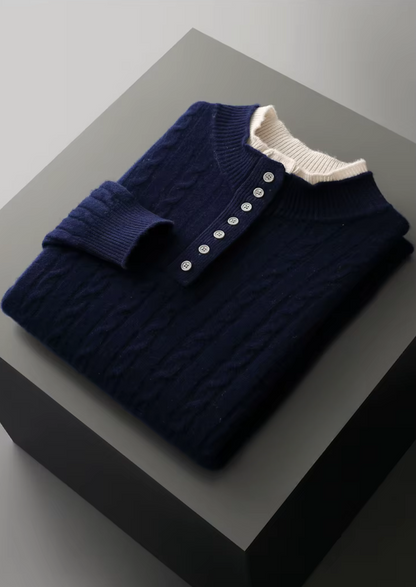 PURE EXTRA-FINE MERINO WOOL CABLE KNIT HENLEY SWEATER