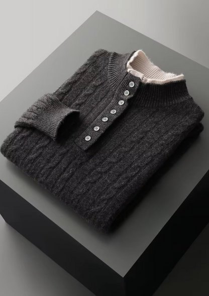 PURE EXTRA-FINE MERINO WOOL CABLE KNIT HENLEY SWEATER