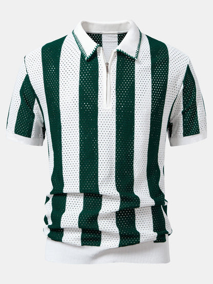 Striped Eyelet Knit Zip Up Polo Shirt