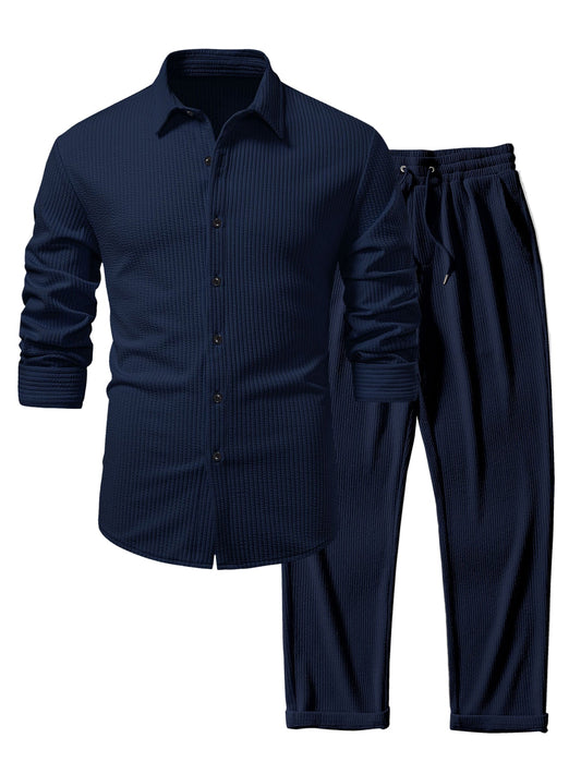 Long Sleeve Muscle Fit Ribbed Button Up Shirt & Straight Leg Ribbed Pants