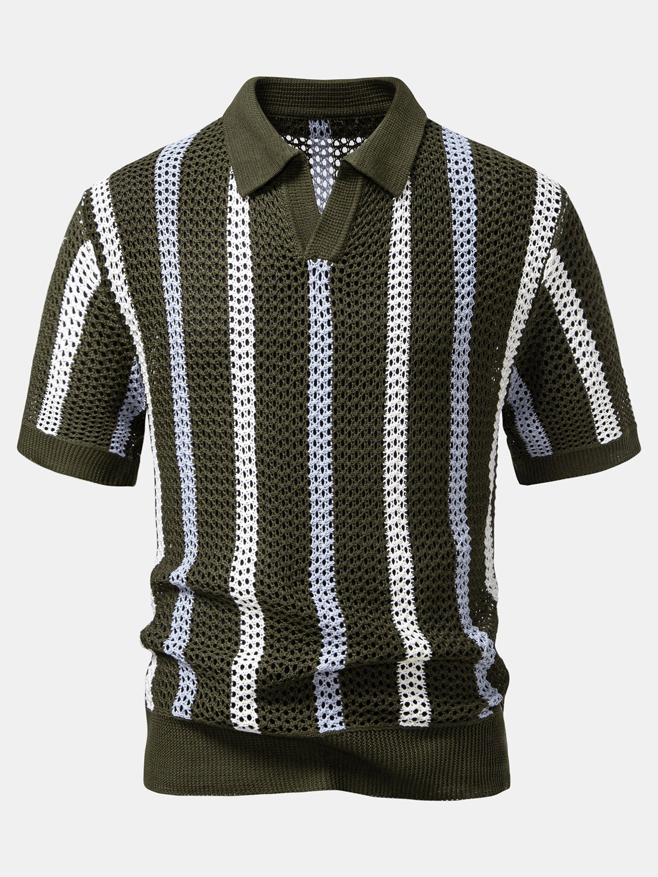 Striped Crochet V Neck Polo