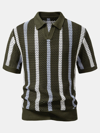 Striped Crochet V Neck Polo