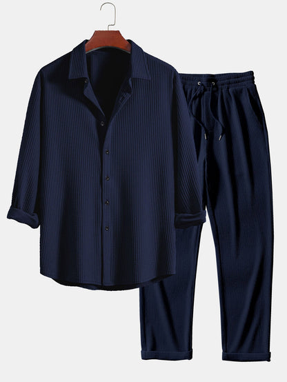 Long Sleeve Muscle Fit Ribbed Button Up Shirt & Straight Leg Ribbed Pants