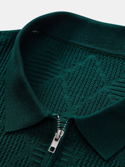 Rhombus Textured Zip Up Knitted Polo Shirt
