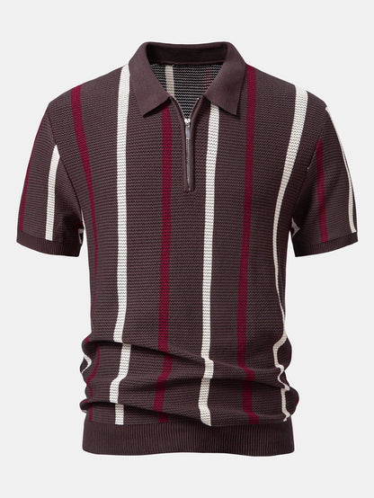 Striped Knit Zip Up Polo Shirt