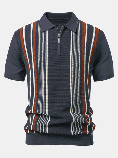 Stripe Knit Zip Up Polo Shirt