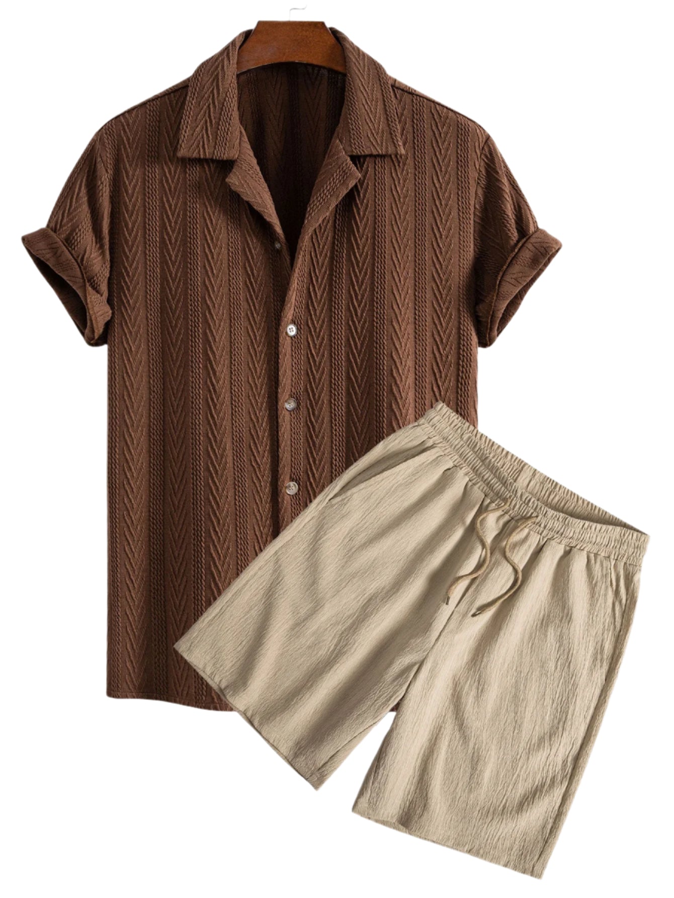 Texture Jacquard Cuban Shirt & Crinkled Textured Drawstring Shorts