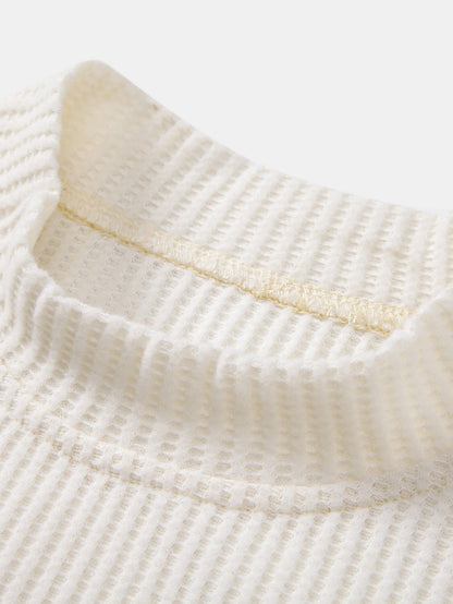 Long Sleeve Waffle Mock Neck T-Shirt & Drawstring Knitted Waffle Pants
