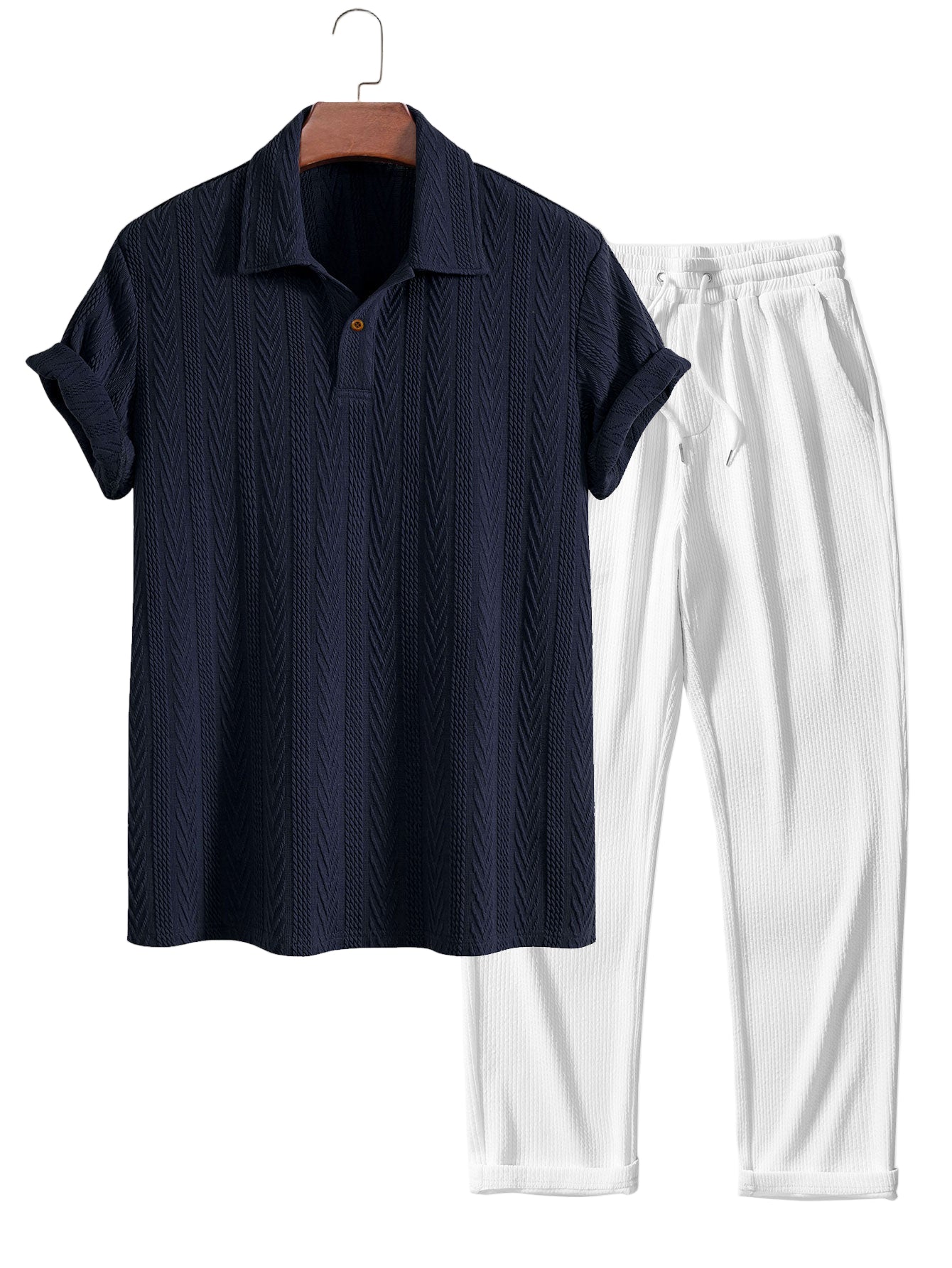 Short Sleeve Jacquard Polo & Straight Leg Ribbed Pants