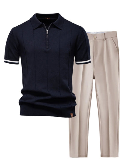 Contrast Trim Zipper Knit Polo Shirt & Slim Fit Tapered Trousers