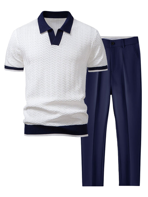 Texture Contrast Knitted V Neck Polo Shirt & Slim Fit Tapered Trousers